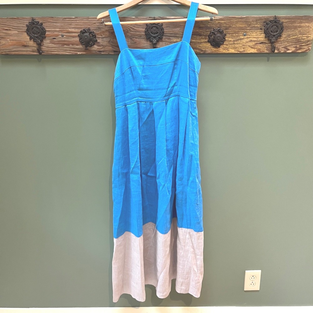Veronika‎ Maine Lustre Blue Linen Blend Colorblock Midi Dress Size 8